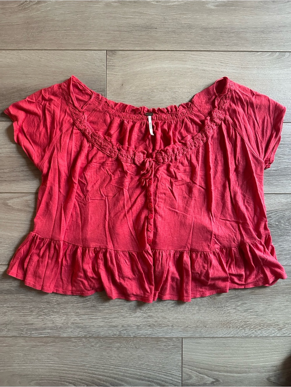Free People Red Ruffle-Hem Crop Peasant Top